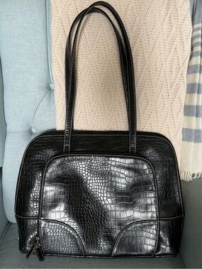 Free Shipping! Chic, Retro Merona Black Croc-Embossed Vegan Leather Laptop Tote